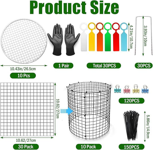 AHIER 10 PCS Chicken Wire Plant Protector from Animals with Covers, Plant Cages for Outdoor Plants to Keep Animals Out Including 30pcs Metal Mesh, Covers, Ground Stakes, Labels, Clip, Ties and Gloves