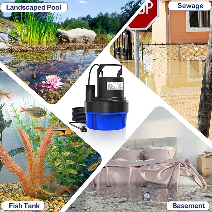 AgiiMan 1/2HP Submersible Water Pump, 2200GPH Portable Sump Pump for Pool Draining, Pool Cover Pump with 25FT Power Cord for Basements, Pool, Fountains, Hot Tub, Garden, SkyBlue