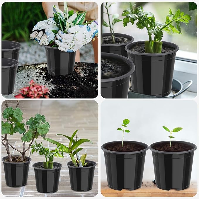 25 Packs 4 5 6 Inch Nursery Pots Round Flower Pots Decorative Plastic Pots for Plants with Drainage Hole Seed Starting Pots for Seeding, Succulent(6 Inch, Black)