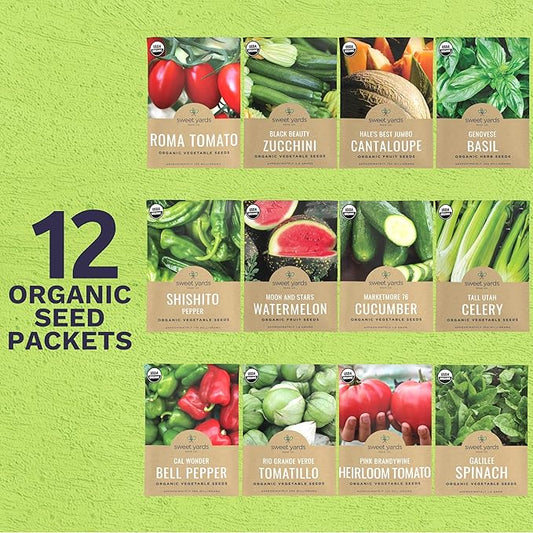 Organic Summer Seeds Variety Pack - 12 Individual Packs - 2026 Season - Basil, Tomatoes, Cucumber, Watermelon and More! for Indoor & Outdoor Planting (Non-GMO, Certified Organic)