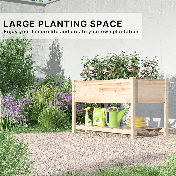 Gotland Raised Garden Bed with Legs, Raised Beds for Gardening with Storage Shelf Bed Liner Drainage Holes, Wooden Planter Raised Beds, Raised Planter Box for Backyard, Patio, Balcony, Natural