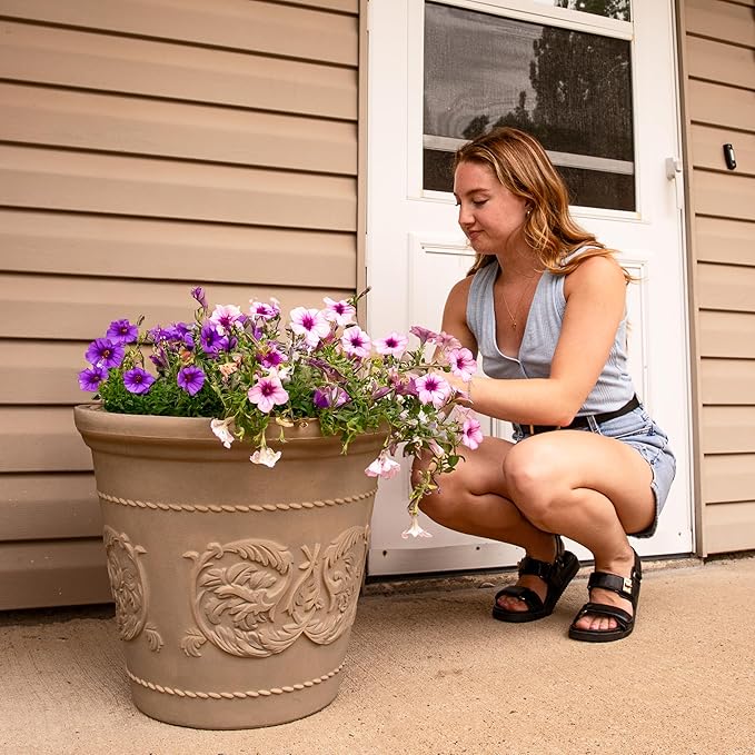 Sunnydaze 19.5-Inch Arabella Large Plastic Pot for Plants - Outdoor Double-Walled Polyresin Large Plastic Planter with Drillable Drainage Holes - Beige - 2-Pack