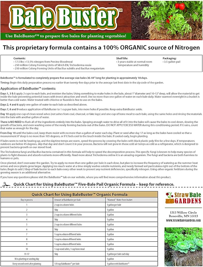 Straw Bale Gardening Five Bale Preparation kit with 100% Organic Formulation Blood Meal 18 lbs Includes Bacteria and Fungi Spores
