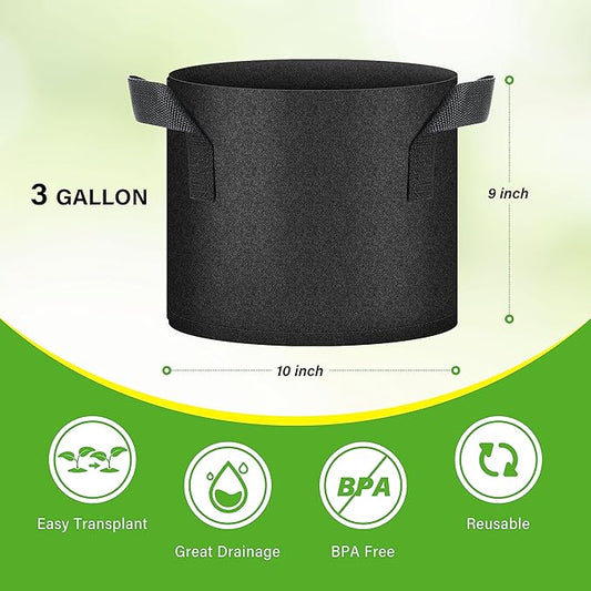 HealSmart 6-Pack 3 Gallon Nonwoven Grow Bags, Aeration Fabric Pots with Handles, Suitable for Garden Fruits, Vegetables and Flowers, Black