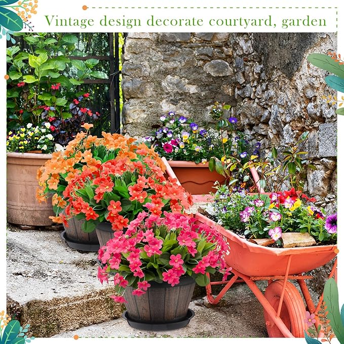 Layhit 10 Pack 9.8 Inch Whiskey Barrel Planter Flower Pot Plant Pots with Drainage Holes and Saucers Garden Planter Imitation Wine Design Plastic Barrel for Indoor Outdoor Plants Garden (Coffee Brown)