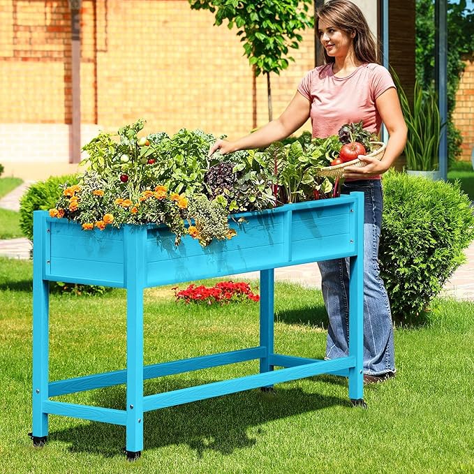 DWVO 47x18x31in Raised Garden Bed HDPE, Weather-Resistant Poly Wood Planter Box Stand, Planter Box with Legs & Lockable Wheels, Elevated Garden Bed for Backyard Patio Balcony - Aruba Blue