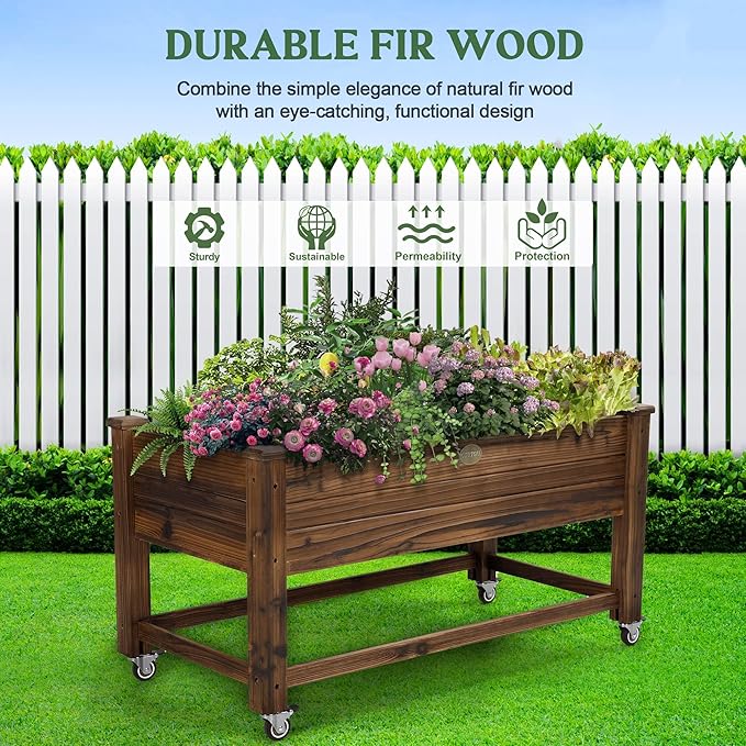 Cedar Wood Outdoor Raised Garden Bed Planter Box with Locking Wheels, 41x21x20 inch, Carbonization Color