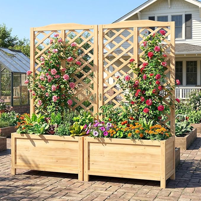 DoCred Raised Garden Bed with Trellis, 30" L x 16" W x 59" H Freestanding Elevated Planter Box for Climbing Plants, Outdoor Wooden Privacy Screen with Garden Box for Backyard Patio Balcony Decor
