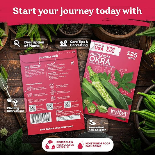 KVITER 125 Clemson Spineless 80 Okra Seeds for Planting (Abelmoschus esculentus) – Heirloom & Organic Okra, Spineless Pods, Heavy Yields – Vegetable Seeds to Plant in Outdoor Garden