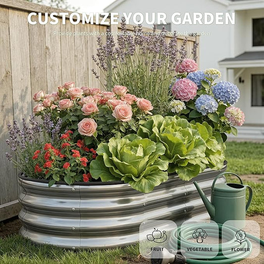 Galvanized Metal Raised Garden Bed Kit for Outdoor Planter Boxes with Easy Assembly,Oval Large Galvanized Gardening Raised Bed for Vegetables, Fruits, Flower (Silver, 4 * 2 * 1ft)