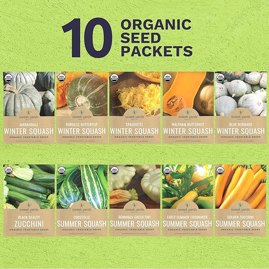 Organic Squash Seeds (Summer and Winter) Variety Pack - 10 Individual Packs - 2026 Season - Cocozelle, Spaghetti, Butternut, Golden Zucchini and More! for Indoor & Outdoor Planting