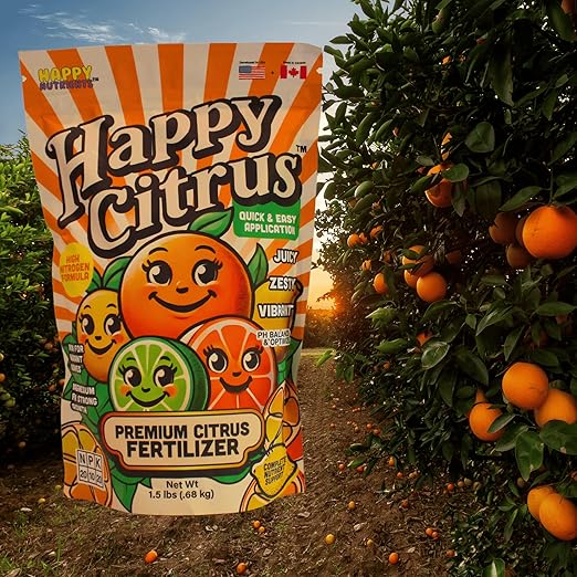 Citrus Fertilizer by Happy Nutrients - High Nitrogen Citrus Tree & Plant Fertilizer with Iron - Nutrient Support for Juicy, Flavorful Citrus - 1.5 lbs for Indoor/Outdoor Citrus Trees & Fruit Plants