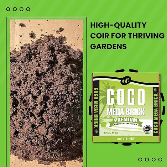 Coco Coir Mega Brick Organic Coconut Coir 11 Pound Coco Fiber Compressed Block Pre Washed Buffered RHP Cert Potting Soil Indoor Outdoor Plant Garden Use Vegetable Flower Seed Starter Mushrooms