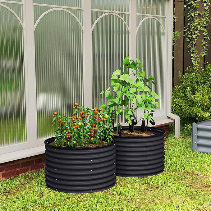 Outsunny Galvanized Raised Garden Bed Set of 2, Planters for Outdoor Plants with Safety Edging, Easy-to-Assemble Stock Tanks for Growing Flowers, Herbs and Vegetables, 3' x 3' x 2', Dark Gray
