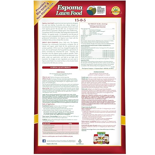 Espoma Lawn Food for All Seasons;15-0-5 Analysis with Non-Staining Iron; Exclusive Bio-Tone Formula with Long Lasting Slow Release Nitrogen for a Greener Lawn. 40 lb. Bag Covers up to 12,000 Sq. Ft.
