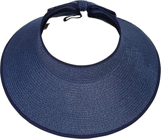 Womens Beach Straw Sun Hats Ponytail Hole Wide Brim Summer Visor Foldable Hat Sun Protection Packable for Travel Pool