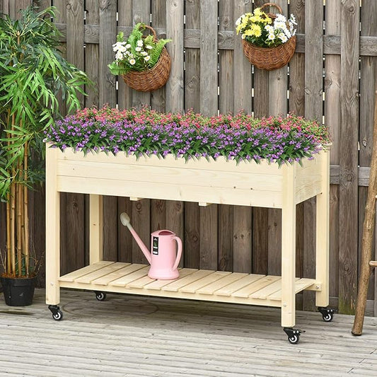 Outsunny Raised Garden Bed, 47" x 22" x 33", Elevated Wooden Planter Box w/Lockable Wheels, Storage Shelf, and Bed Liner for Backyard, Patio, Natural