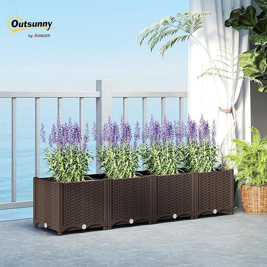 Outsunny 5 x 1 x 1 ft Raised Garden Bed, Indoor Outdoor Plastic Planter Box with Drainage Holes, Drain Plugs and Water Reservoirs for Vegetables, Herbs, Flowers & Succulents, Brown