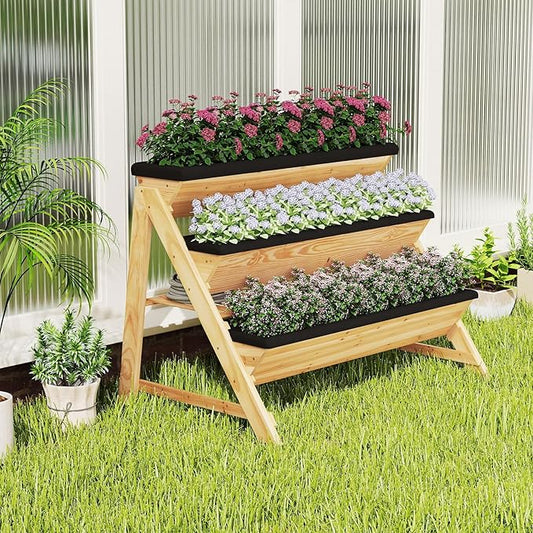 3-Tier Raised Garden Bed, Vertical Garden Planter w/Storage Shelf, Bed Liner & 2 Side Hooks, Wood Elevated Planter Box Outdoor for Plants Vegetables Flowers Herbs,Natural (46" x 29" x 31.5")
