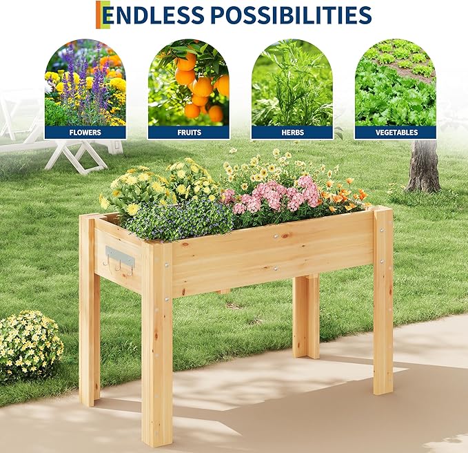 GarveeHome Elevated Garden Bed with Legs & Hooks, 47x30x22 Inch (4x2.5x1.8 ft) Raised Wood Planter Box for Vegetables/Herbs, Outdoor Patio & Backyard with Non-Woven Liner,Natural Wood