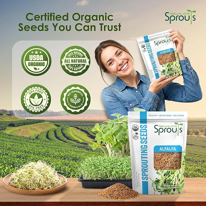 Nature Jims Sprouts Alfalfa Seeds – Non-GMO Organic Sprout Growing Kit for Planting – Premium Resealable Bag for Fresh Homegrown Sprouting Seeds – Rich in Nutrients, Vitamins, Fiber & Minerals – 16oz