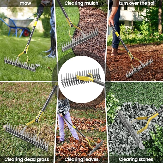 Thatch Rake, 55 inch Heavy Duty Dethatcher Rake Adjustable Dethatching for Loosening Soil Gathering for Leaves Leveling Lawn Farming Land Cleaning Dead Grass Yard Garden