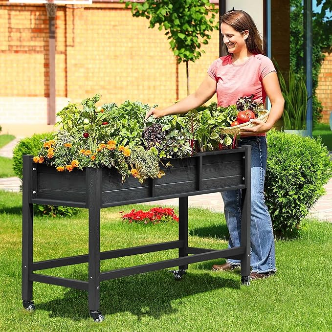 DWVO 47x18x31in Raised Garden Bed HDPE, Weather-Resistant Poly Wood Planter Box Stand, Planter Box with Legs & Lockable Wheels, Elevated Garden Bed for Backyard Patio Balcony - Black
