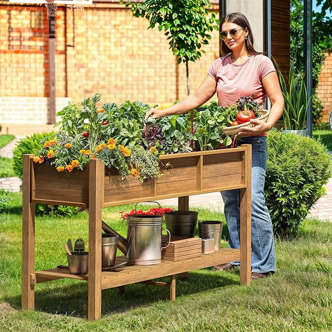DWVO 48x18x30in Raised Garden Bed HDPE, Poly Wood Planter Box Stand,Weather-Resistant Planter Box with Legs, Elevated Garden Bed for Backyard, Patio, Balcony,Brown