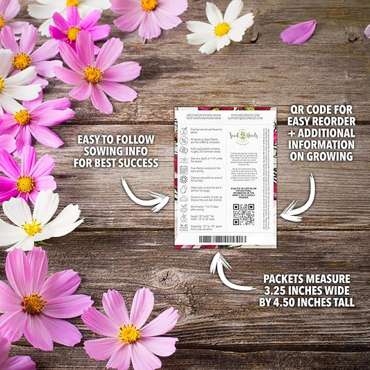 Seed Needs Cosmos Seeds for Planting a Collection of Cosmo Wildflowers - Heirloom & Open Pollinated Flower Seed to Plant Pink, White, Purple, Red & Bi-Colored Blooms for a Butterfly Garden