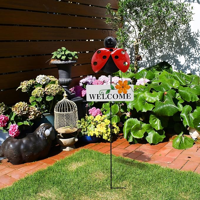 Morning View Ladybug Garden Stakes Decorative Metal Insect Yard Stake Outdoor Spring Lawn Ornaments Yard Art Patio Pathway Flower Pot Outside 30 Inch Tall