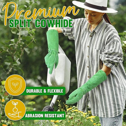 HANDLANDY Leather Gardening Gloves, Thorn Proof Long Gauntlet Heavy Duty Garden Gloves, Elbow Length Rose Pruning Weeding Yard Glove (X-Large, Green)