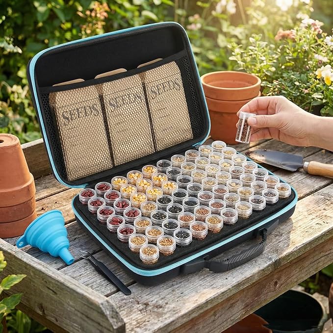 60 Slots Seed Storage Organizer with 10 Seed Envelopes,Sturdy Seeds Saving Storage Box with Zipper Bag Label Stickers(Seeds not Included), Seed Storage Container for Flower Plants Garden (60 Slots)