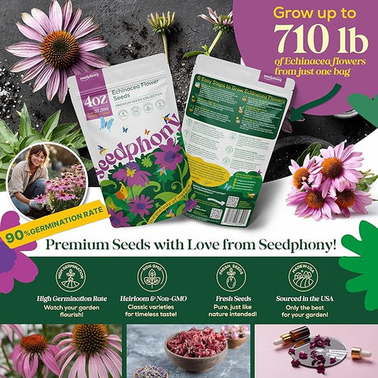 Echinacea Seed Pack 4 oz - 37,500 Non-GMO Heirloom Echinacea Seeds for Planting, Perennial Flowers in Waterproof Seed Packet, Coneflower Seeds for Planting Garden Indoor & Outdoor Gardening