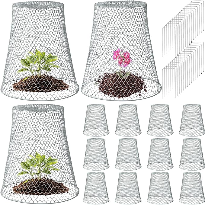 Therwen 15 Pcs Large Chicken Wire Cloche Plant Protector Cover 11x12 Inch Metal Garden Cloche Dome for Plants Wire Protection Basket with Garden Stakes Plant Cages from Animals (Silver)