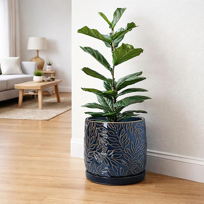 D'vine Dev 10 Inch Embossed Leaves Stoneware Planter Pot with Drainage Hole and Saucer, Midnight Blue, 27-A-P-3
