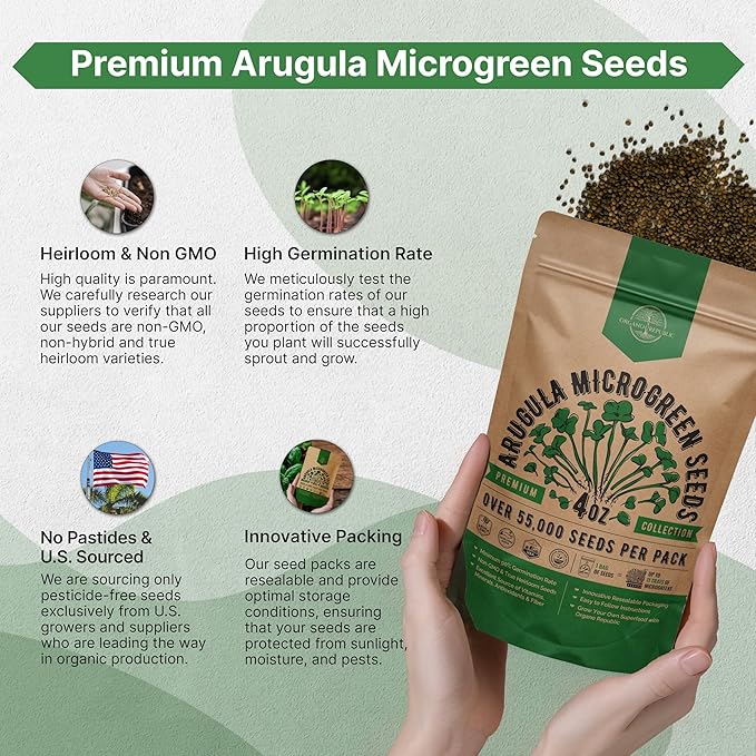 Organo Republic Arugula Sprouting & Microgreens Seeds - 55,000 Non-GMO Heirloom Seeds, Sprouts in 4 oz Resealable Bag for Planting & Growing Microgreens in Soil, Coconut Coir, Aeroponic & Hydroponic