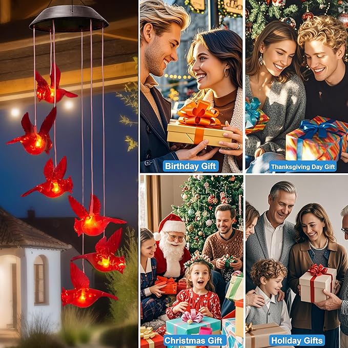 Cardinal Solar Wind Chimes for Outside,Cardinal Gifts for Women Mom Mother,Solar Red Bird Memorial Wind Chimes,Solar Powered Wind Chime Waterproof,Red Bird Decor for Garden Patio Outdoor Porch