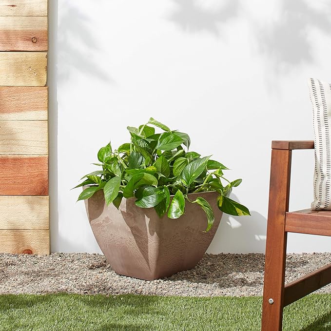 PSW Pot Collection 16x13 inch Plastic/Stone/Wood Composite Square Planter – No Drainage Hole (Drillable), Modern Indoor/Outer Pot for Flowers, Foliage, Succulents, Fairy Gardens, Taupe