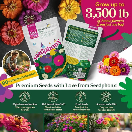 Zinnia Seeds Pack 1 oz - 3,800 Non-GMO Heirloom Zinnia Seeds for Planting, Perennial Flowers in Waterproof Seed Packet, Wildflower Seeds for Planting Garden Indoor & Outdoor Gardening