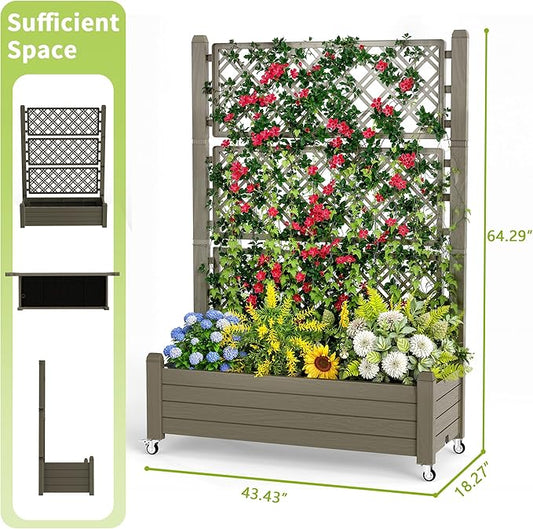 Elevated Raised Garden Bed with Trellis,Outdoor Large Resin Patio Planter Box with Lockable Wheels Drain Plug,Water Monitor for Plants Vegetables Flowers Fruits (Grey, 43.43 * 18.27 * 64.29)