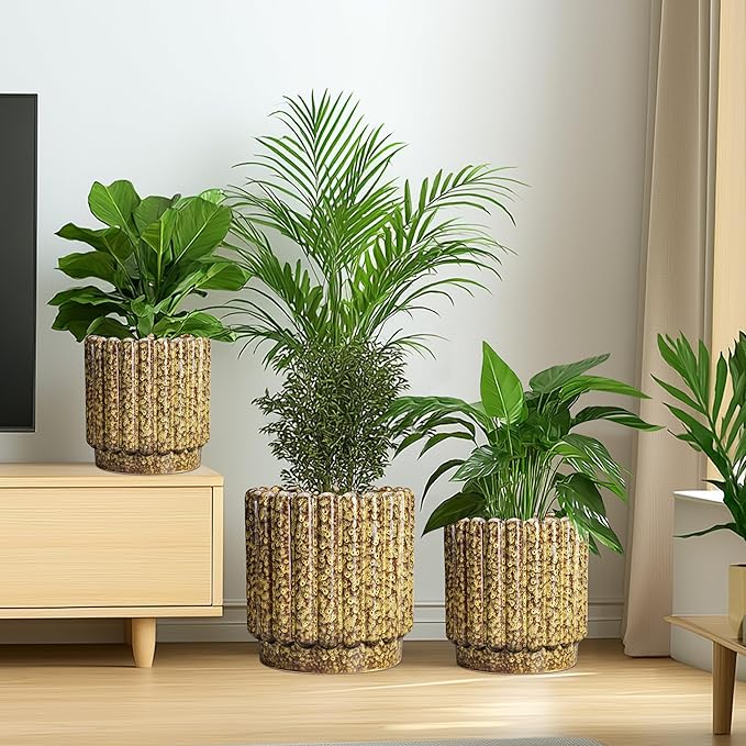 Ceramic Planter - 7.6 Inch Ceramic Plant Pots Indoor, Round Flower Pots with Drainage Hole, Fluted Decorative Outdoor Planters, Office Home Decor, Plant Lover Gifts, Yellow