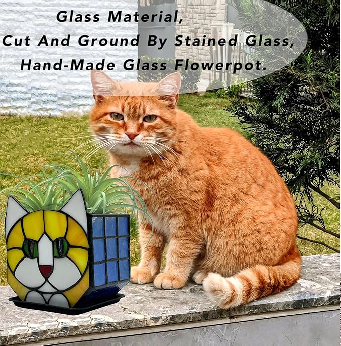 Stained Glass Cat Planter Pot with Drainage and Tray, Perfect for Succulents and Indoor Plants, Ideal Plant Gifts for Women and Orange Cat Lovers 4.6x5.15x3 in (Excluding Plants)