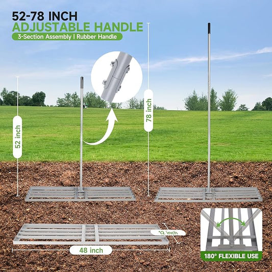 Lawn Leveling Rake – Heavy-Duty Galvanized Steel Yard Leveling Rake with Adjustable 48x12 Inch Rack Head & Extendable 52-78 Inch Handle, Rust-Resistant, All-Welded, Gloves Included