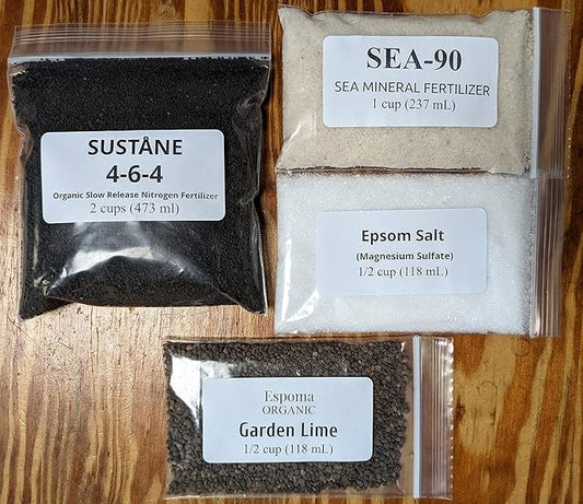 Gardening with Leon Organic Fertilizer Kit - Sustane 4-6-4 Organic Slow-Release Fertilizer, Sea Mineral Fertilizer, Epsom Salt & Gardening Lime - 1.8 lb (4 Cups) kit
