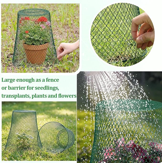Therwen 15 Pcs Large Chicken Wire Cloche Plant Protector Cover 11x12 Inch Metal Garden Cloche Dome for Plants Wire Protection Basket with Garden Stakes Plant Cages from Animals (Green)