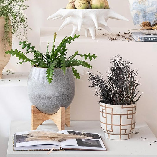 Bloomingville Round Stoneware Planter on a Wood Stand with Reactive Glaze, Grey and Natural