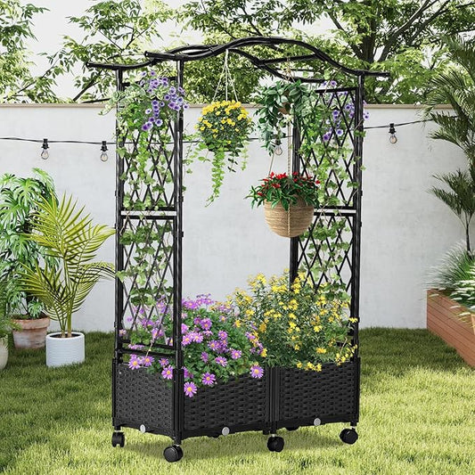 Planter Box with Trellis Outdoor, Plastic Raised Garden Bed Trellis Planter Box with Wheels and Drainage Hole for Patio Balcony Backyard Indoor Flower Vegetable Tomato, Black