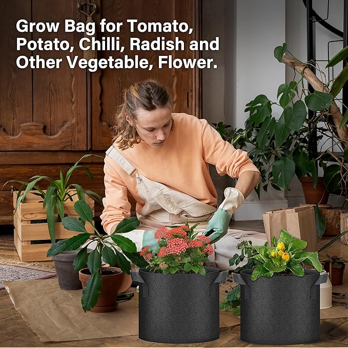 HealSmart 7 Gallon 5 Pack Plant Grow Bags, Tomoato Planter Pots with Handles, Aeration Nonwoven Fabric, Heavy Duty Gardening Planter for Vegetable, Herbs and Flowers, Black