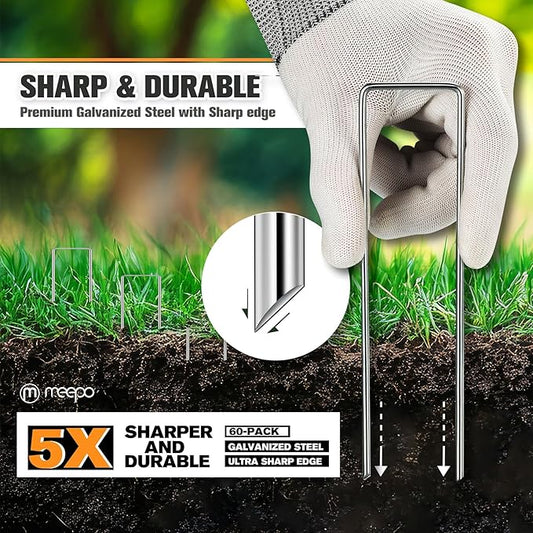 Garden Stakes, 60-Piece 6 Inch Never Rust Galvanized Landscape Staples, 5X Sharper Durable Stakes for Gardening, Tent, Weed Barrier, Outdoor Yard Decoration, Plant Cover