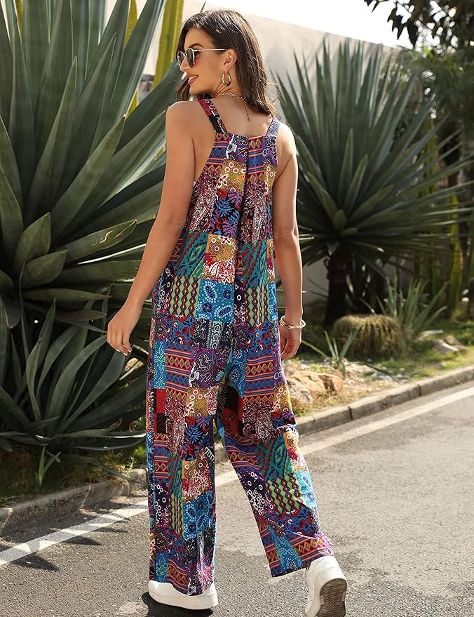 Fiona Jolin Overalls Women Summer Boho Floral Loose Wide Leg Jumpsuits with Pockets Patchwork Bib Overalls